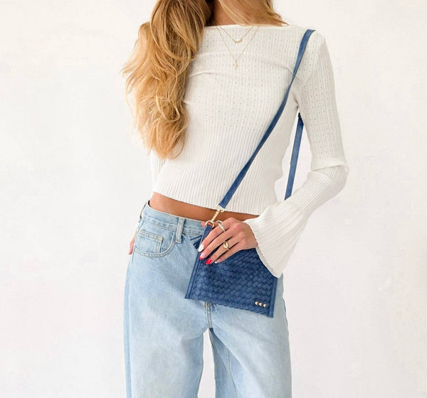 Veda Woven Crossbody and Clutch Bag: Denim Blue