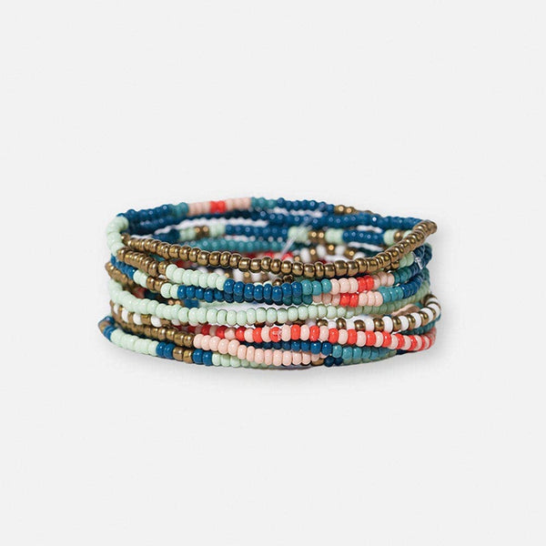 Sage Mixed Stripe Teal + Poppy Beaded 10 Stretch Bracelet