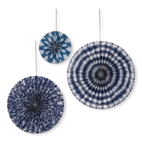 Festive blue paper fan decor, set of 3