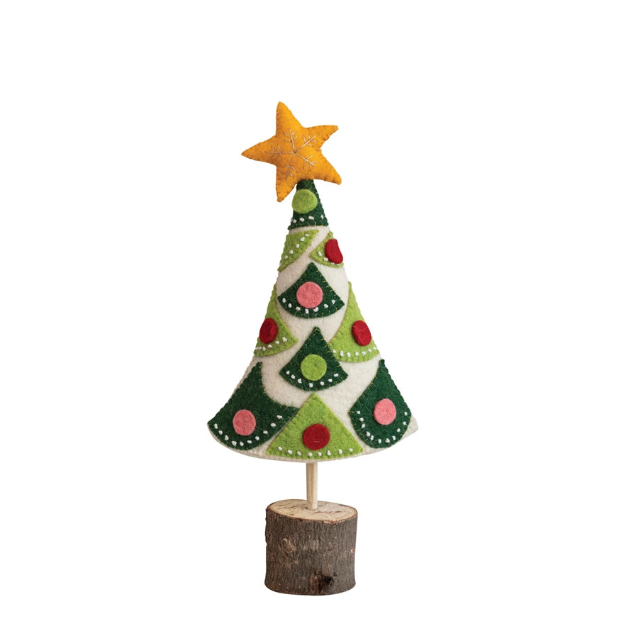 *Handmade Wool Felt Tree w/ Star, Applique, Embroidery & Wood Slice Base
