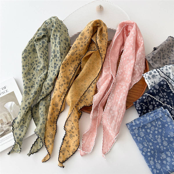 Lace Trim Cotton Linen Floral Triangle Scarf_
