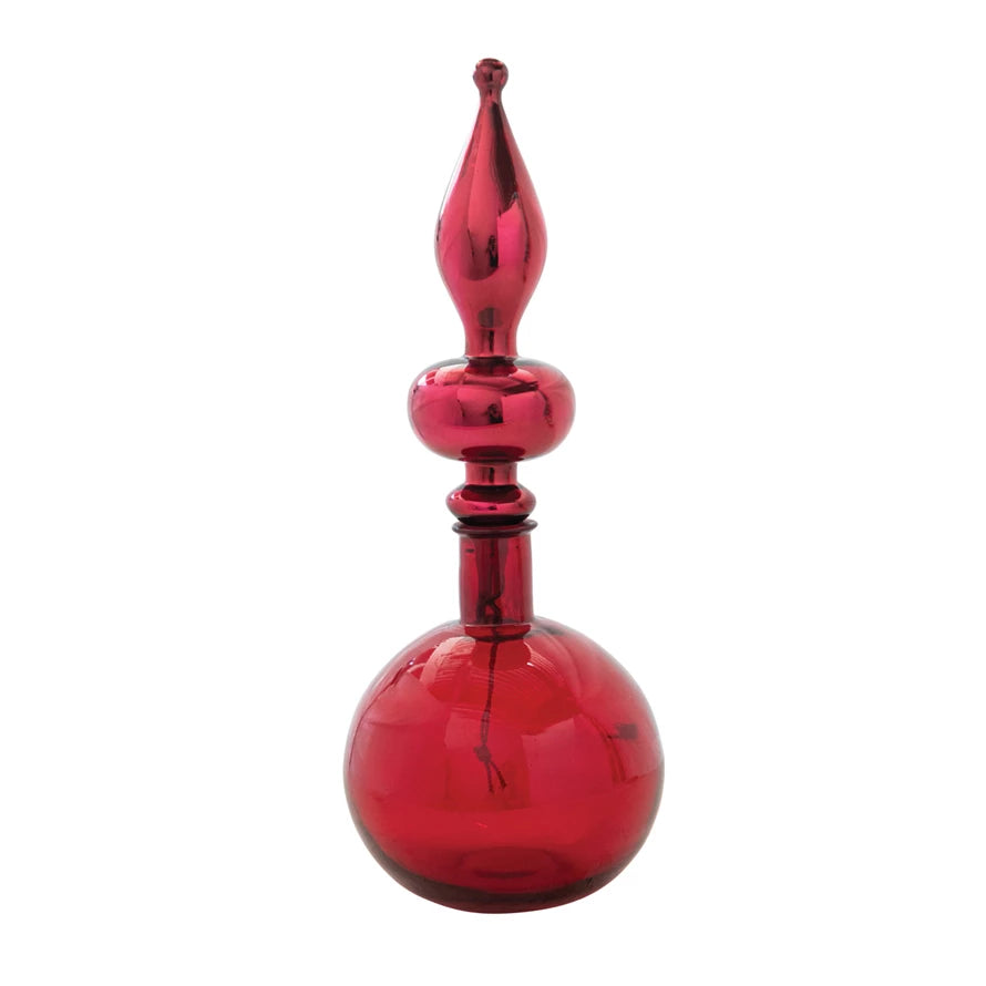 *Decorative Embossed Glass Bottle w/ Mercury Glass Finial Ornament Stopper, Red