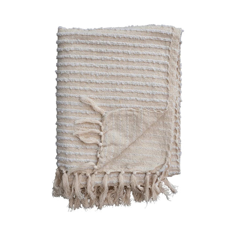 Throw w/ Fringe, Stripes & Gold Thread, Beige & White