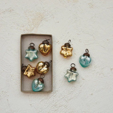 *Recycled Mercury Glass Heart & Star Ornaments, 2 Colors, 2 Styles, Boxed Set of 8