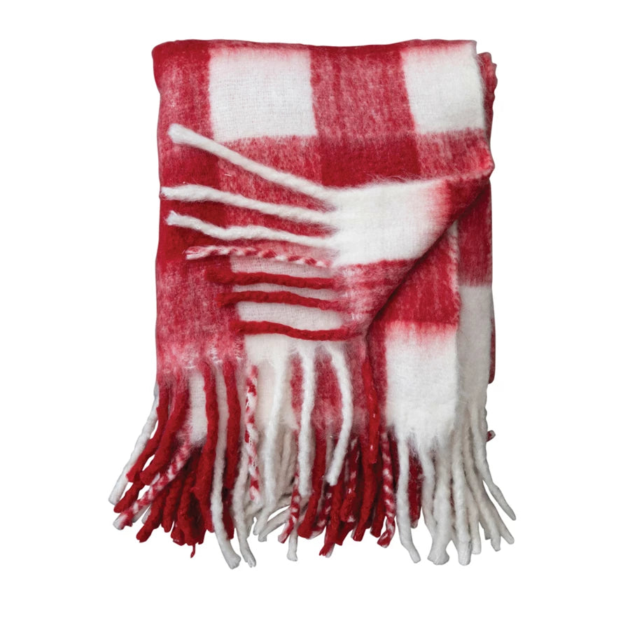 Throw w/ Fringe, Red & White Plaid