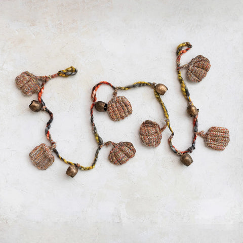 Hand-Woven Melange Fabric Pumpkin & Metal Bell Garland