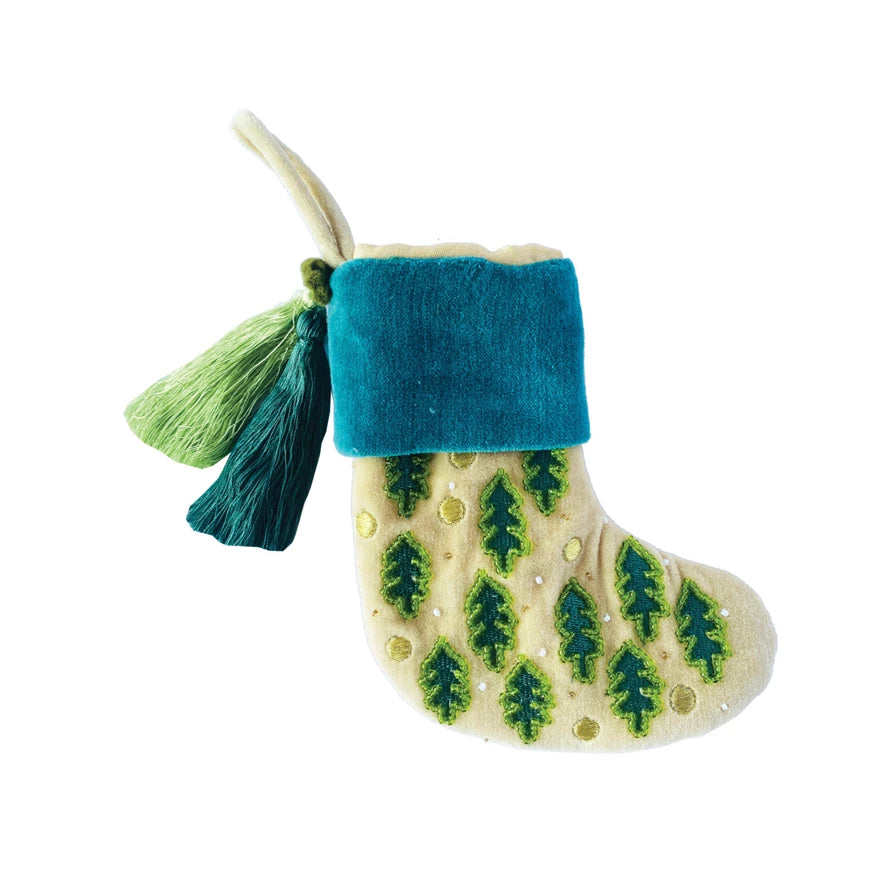 Cotton Velvet Stocking Ornament w/ Tassels, Glass Beads & Embroidered Trees