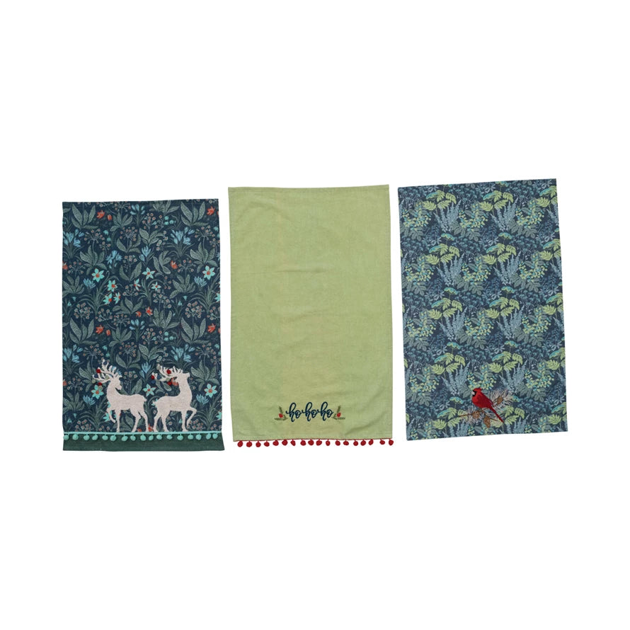 Tea Towel w/ Embroidery & Pom Pom Trim, Multi Color, 3 Styles