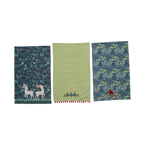 Tea Towel w/ Embroidery & Pom Pom Trim, Multi Color, 3 Styles