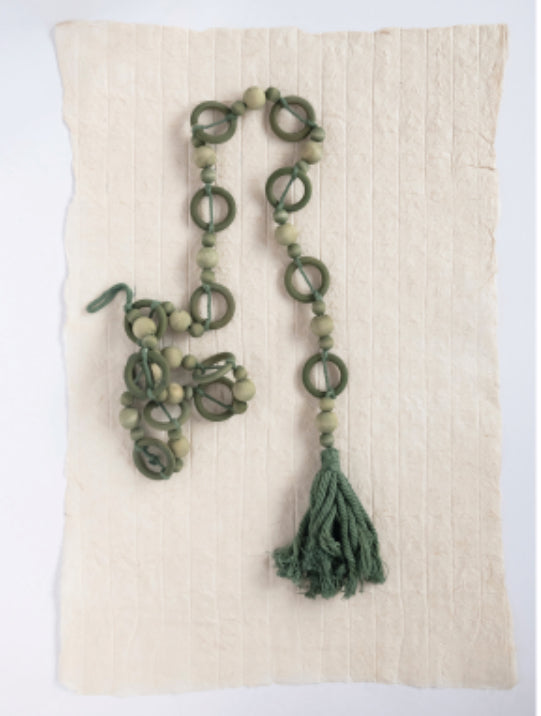 Paulownia Wood Bead Garland with Tassel, Green