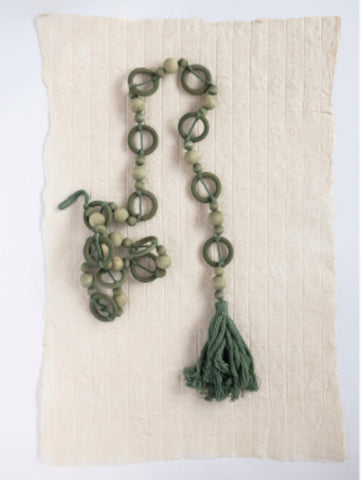Paulownia Wood Bead Garland with Tassel, Green