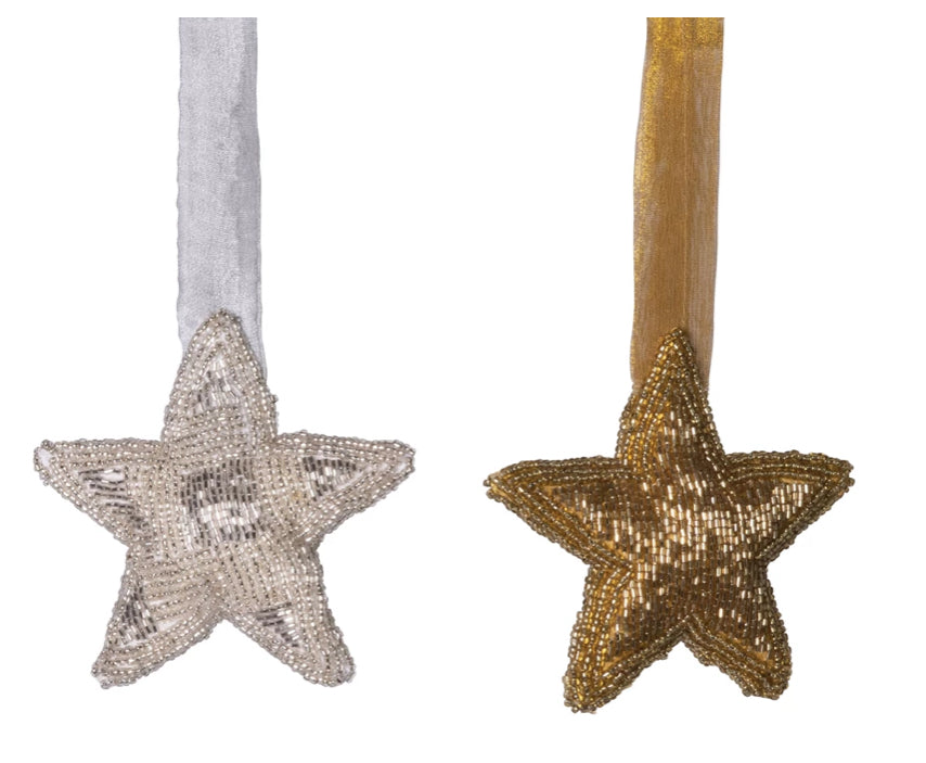 Beaded Fabric Star Ornament on Ribbon, 2 Colors