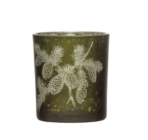 Mercury Glass Candle Holder with Laser Etched Pinecones, Green