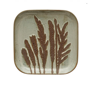 Hand-Painted Debossed Stoneware Plate with Wax Relief Floral Image, Reactive Glaze