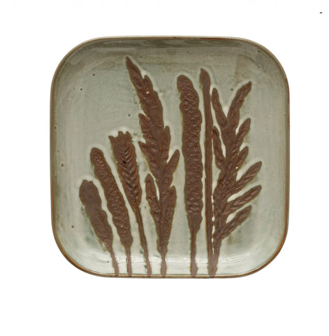 *Hand-Painted Debossed Stoneware Plate with Wax Relief Floral Image, Reactive Glaze