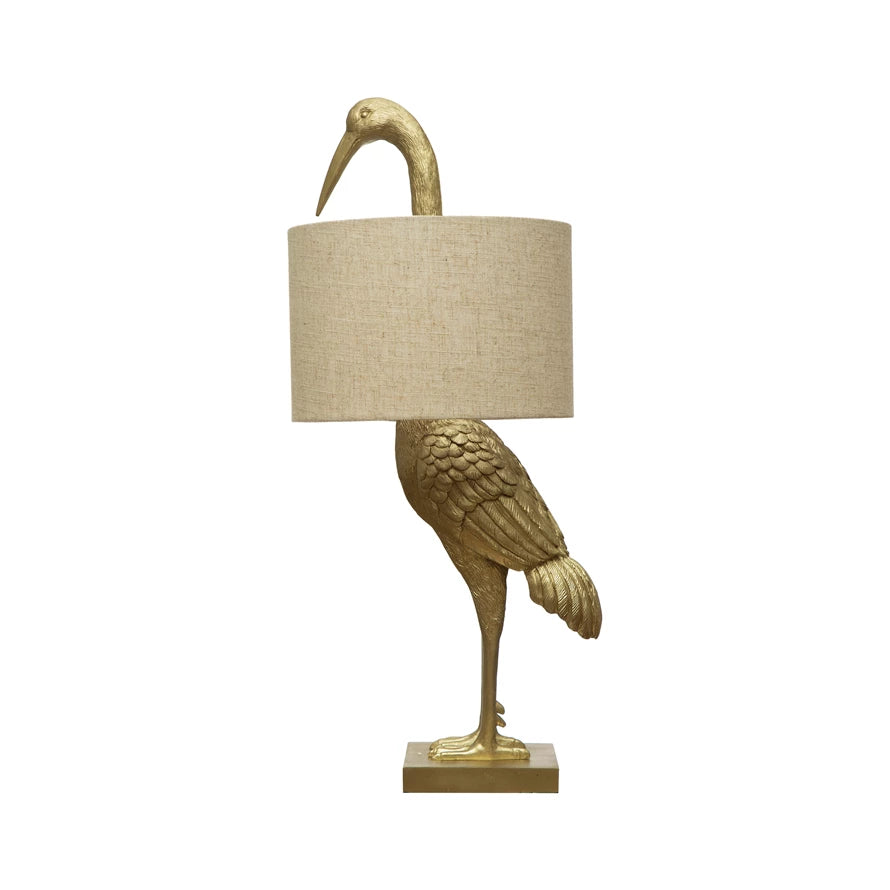 Bird Table Lamp with White Linen Shade and Inline Switch, Gold Finish