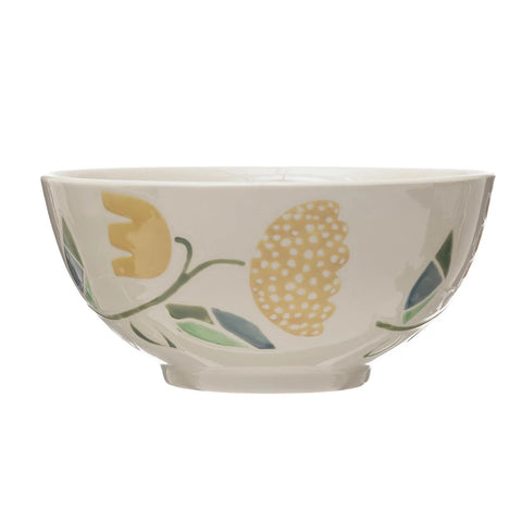 *Hand-Painted Stoneware Bowl w/ Wax Relief Flowers