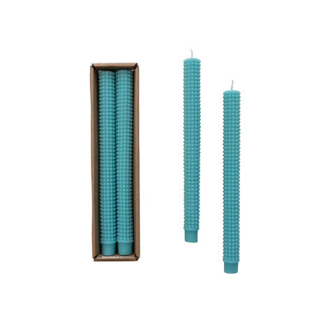 Unscented Hobnail Taper Candles in Box, Cyan,