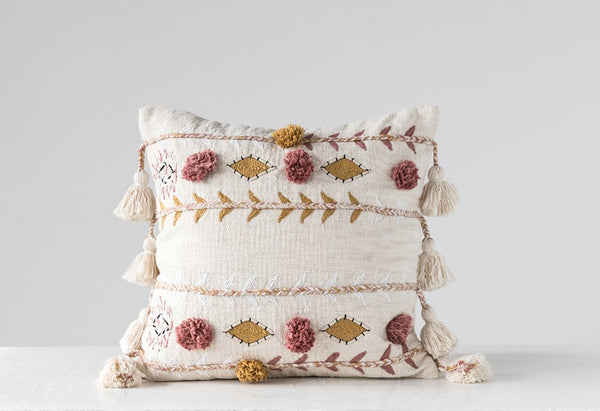 Cotton Embroidered Pillow w/ Tassels & Applique, Cream Color