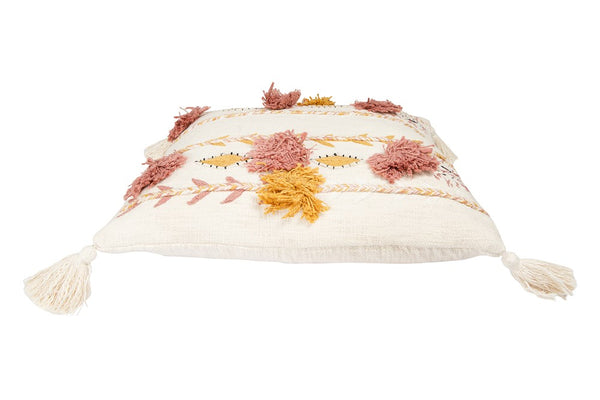 Cotton Embroidered Pillow w/ Tassels & Applique, Cream Color