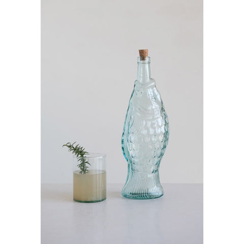 Recycled Glass Fish Bottle with Cork Stopper