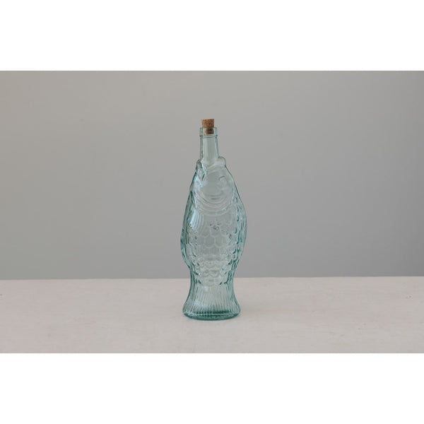 Recycled Glass Fish Bottle with Cork Stopper