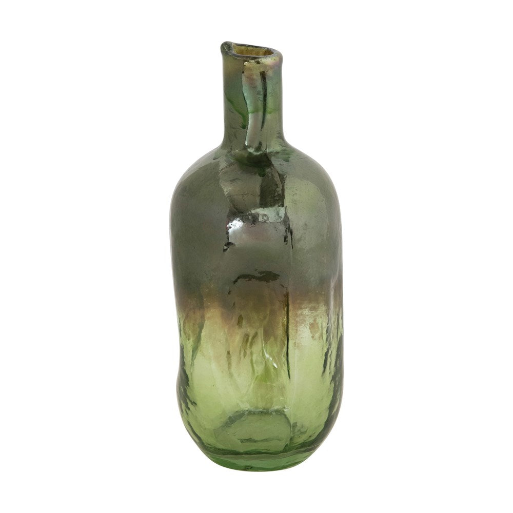 Hand-Blown Recycled Glass Organic Shaped Bottle Vase, Green Iridescent Opal Finish (Each Varies)