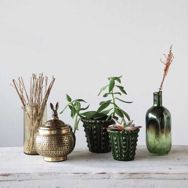 Hand-Blown Recycled Glass Organic Shaped Bottle Vase, Green Iridescent Opal Finish (Each Varies)