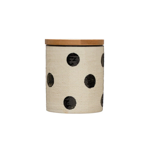 *Hand-Painted Stoneware Canister w/ Dots, Bamboo Lid & Linen Texture, Black & Cream Color