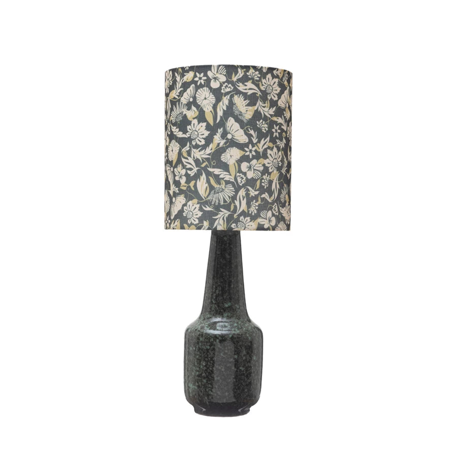 Stoneware Table Lamp w/ Floral Print Shade (Each One Will Vary)