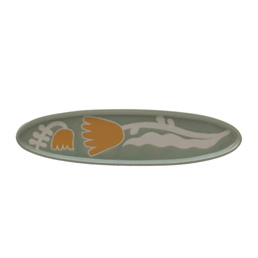 Oval Hand-Painted Stoneware Tray w/ Wax Relief Flowers
